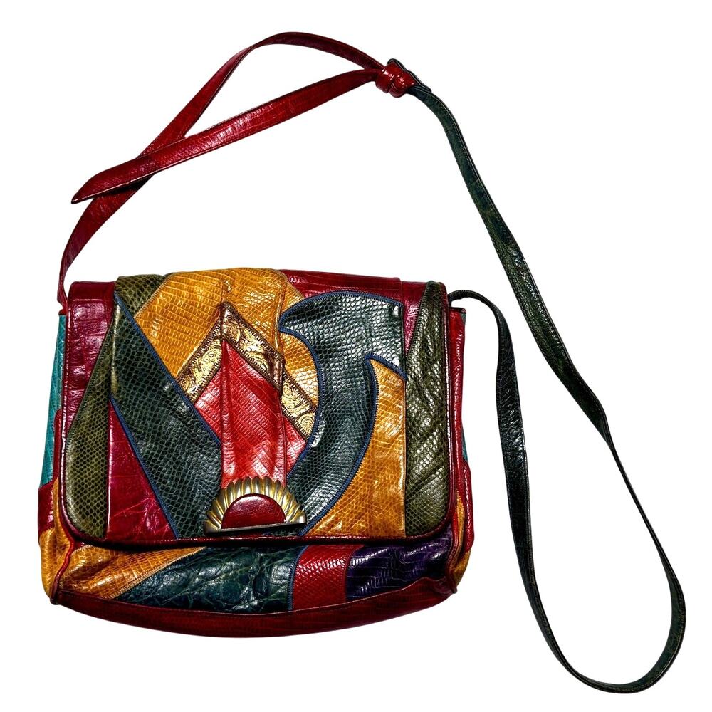 Vintage 80s Sharif Patchwork Leather Crossbody Bag Multi Color Boho Art to Wear